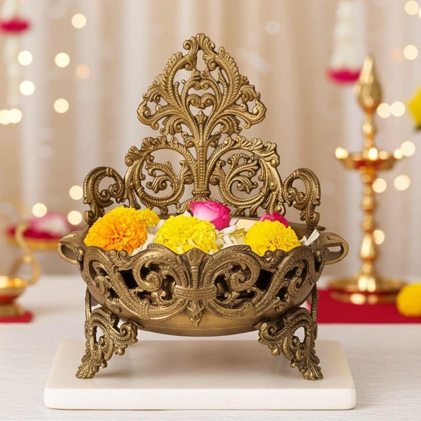 Brass Peacock Urli - Decorative Metal Urli Bowl, Diameter : 9 Inch (BSMAS1157 A)
