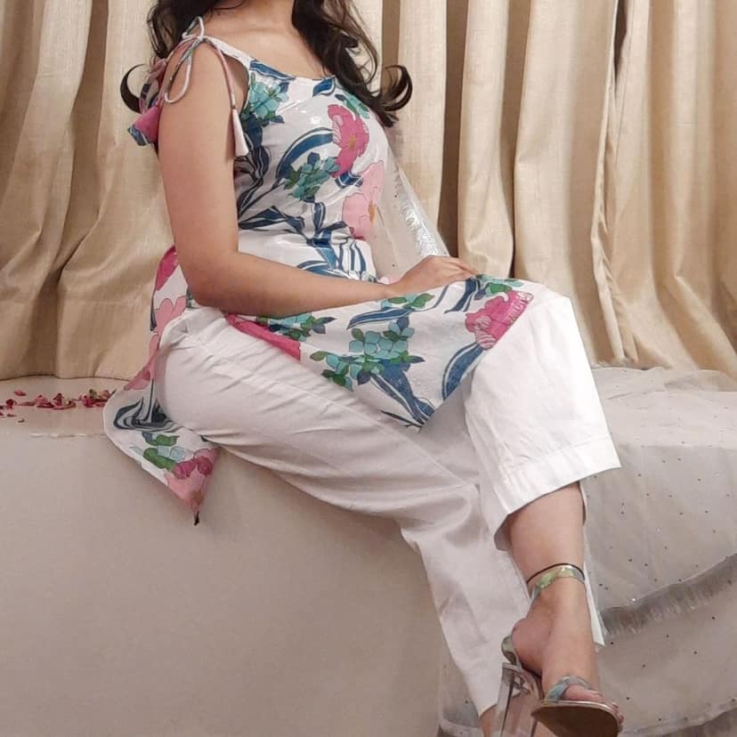 Floral Lurex Cotton Noodle-Strap Kurta for Women | Kurta Only view 4