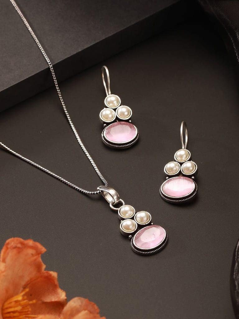 Oxidised Silver Toned Pink Stone & Pearl Beaded Minimal Pendant Chain Jewellery Set