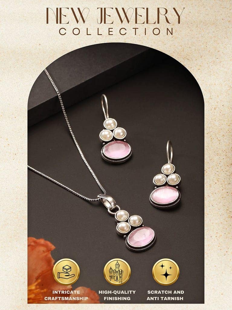 Oxidised Silver Toned Pink Stone & Pearl Beaded Minimal Pendant Chain Jewellery Set view 5