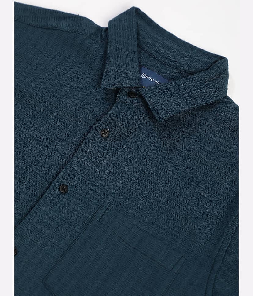 Bene Kleed Poly Cotton Regular Fit Self Design Full Sleeves Men's Casual Shirt - Teal ( Pack of 1 ) view 6