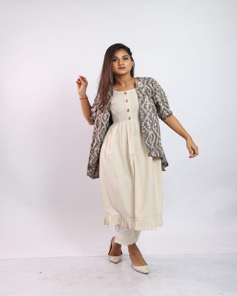 Off White Morning Glory Dress with Batik Printed Cotton Overlay view 3