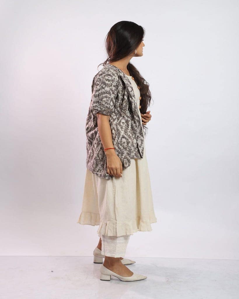 Off White Morning Glory Dress with Batik Printed Cotton Overlay view 7