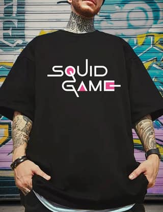 SCOTT FINCHER Men's Graphic Printed Squid Game Logo Black T-Shirt - Official Merchandise : AA(ARN)BLACK_308
