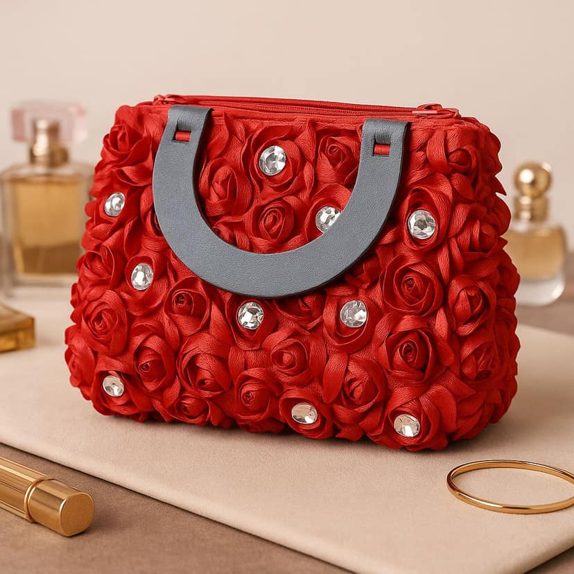 Red Rose Embellished Handbag - Floral Evening Bag view 2