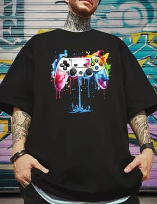SCOTT FINCHER Men's Streetwear Hip Hop T-Shirt with Colorful Video Game Controller Design : AA(ARN)BLACK_245