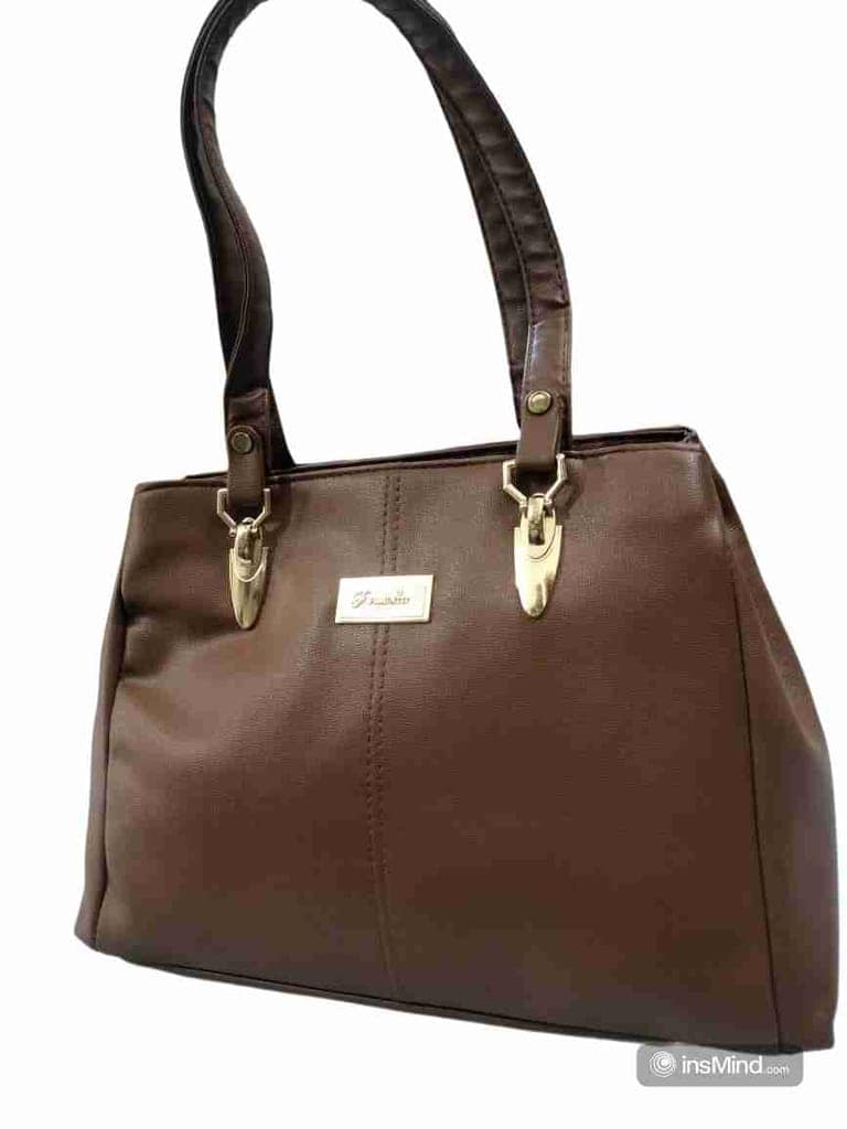 Brown Faux Leather Tote Bag with Gold Accents