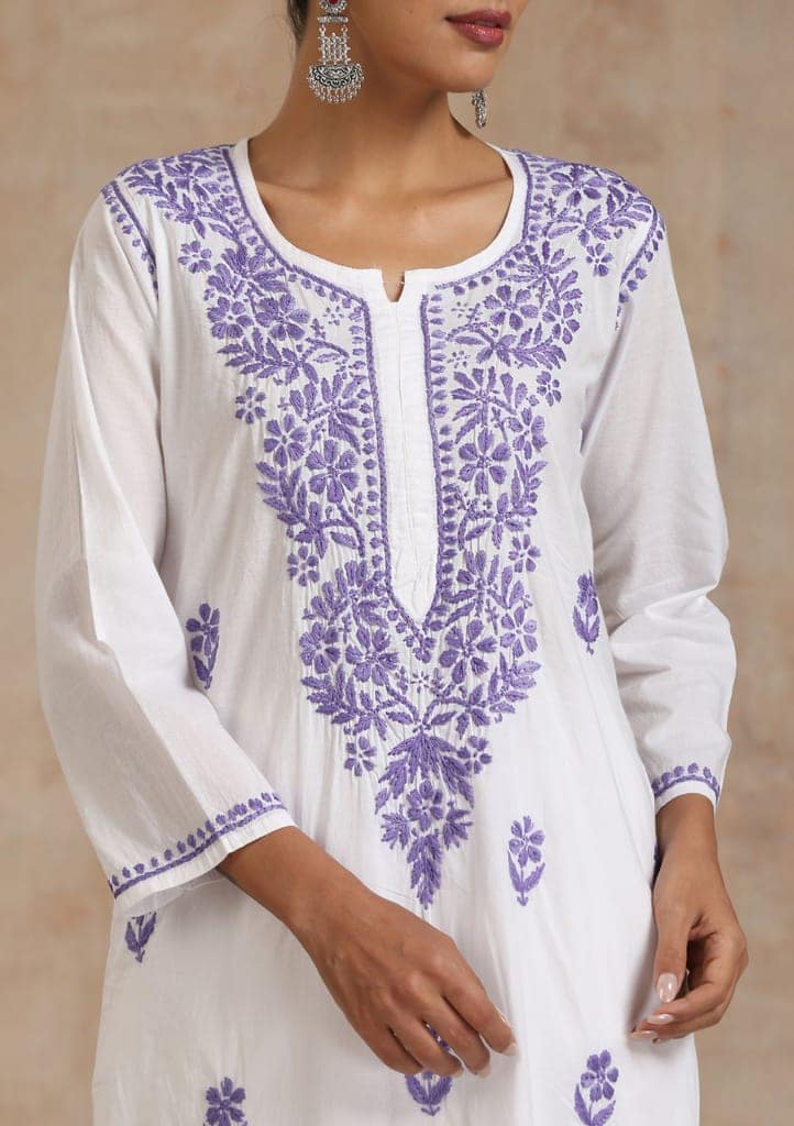 Cotton Chikankari Solid Women's Long Kurta - Purple view 2