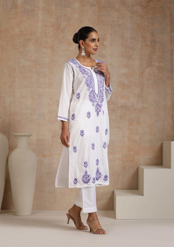 Cotton Chikankari Solid Women's Long Kurta - Purple view 3
