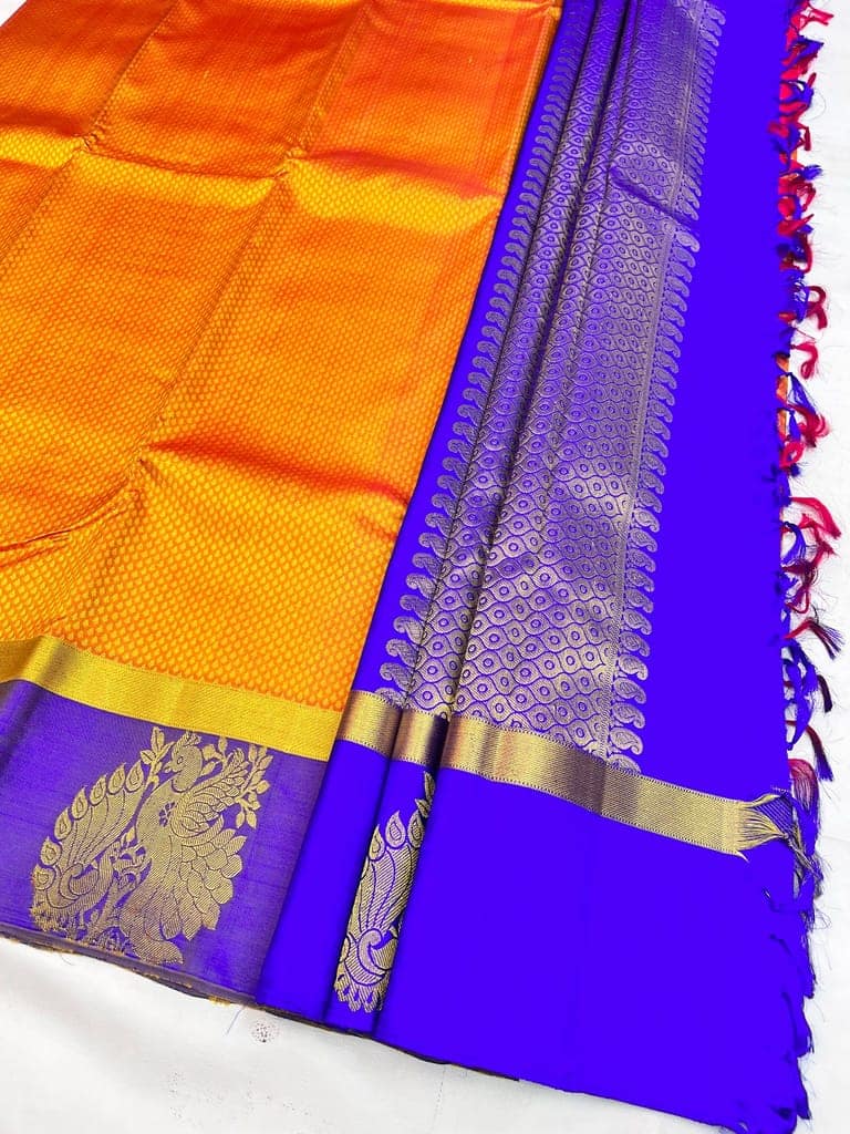 Rust Orange with Blue Color Self Body Saree Has Unstitched Blouse view 5