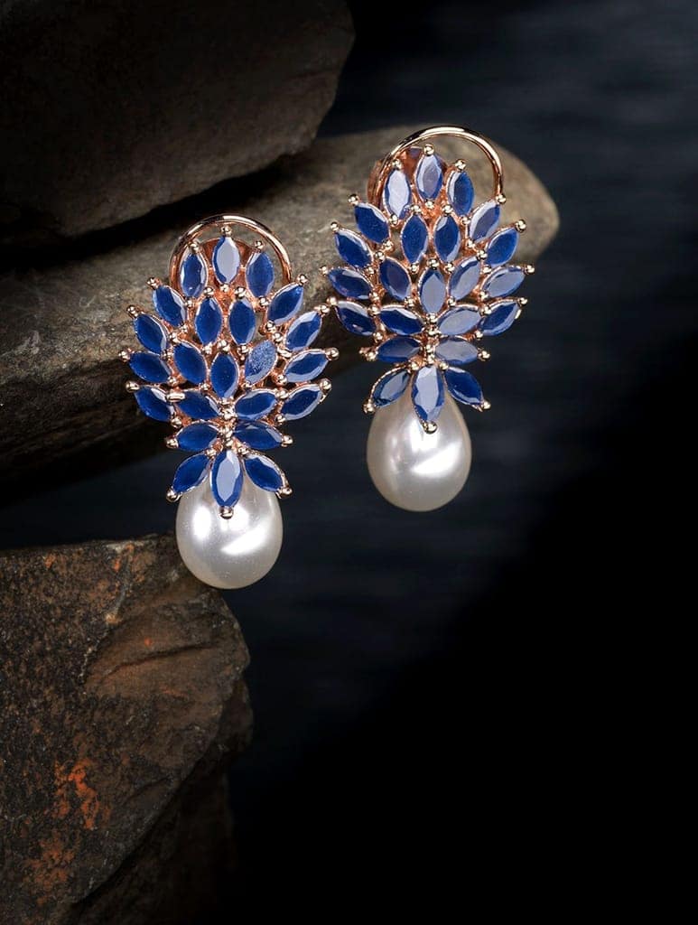 Rose Gold Plated Luxurious Blue AD studded Pearl Drop Earring view 2