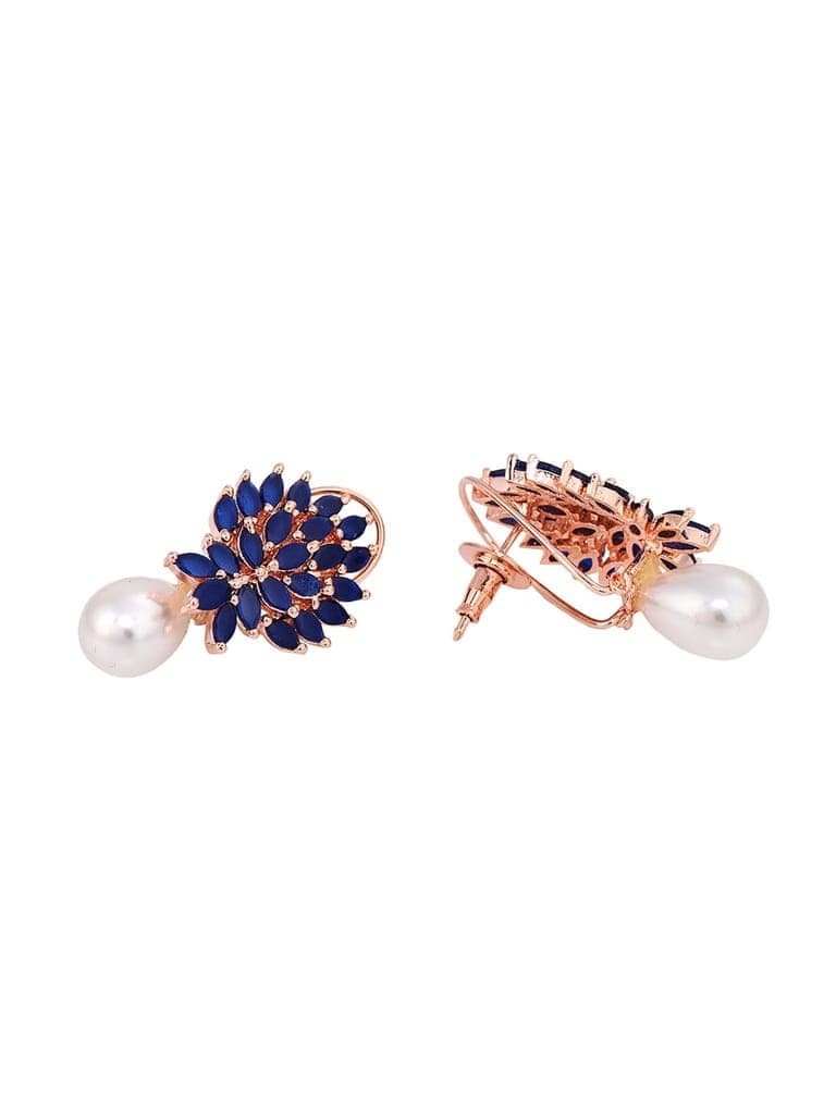 Rose Gold Plated Luxurious Blue AD studded Pearl Drop Earring view 3