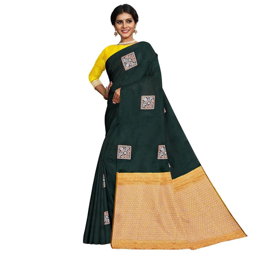 Dark Green Color Box Like Silver & Copper Zari Butta with Contrast Blouse view 3