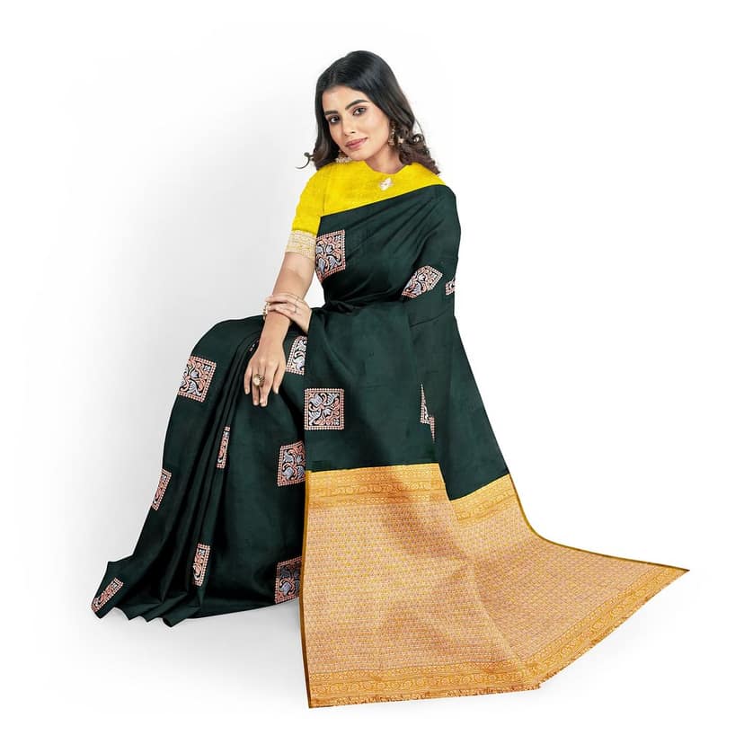 Dark Green Color Box Like Silver & Copper Zari Butta with Contrast Blouse view 4