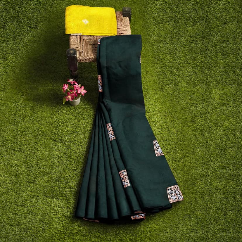 Dark Green Color Box Like Silver & Copper Zari Butta with Contrast Blouse view 7