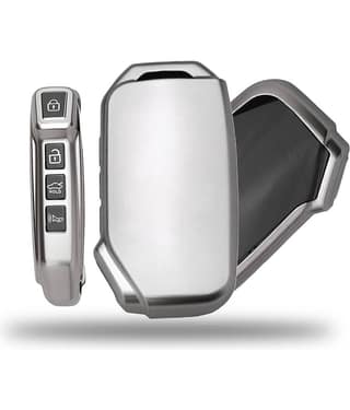 SIAGO TPU Key Cover and Metal Keychain Compatible for Kia Seltos 2023 Facelift HTX | Carens X Line 4 Button Smart Key (Grey Pack of 1)