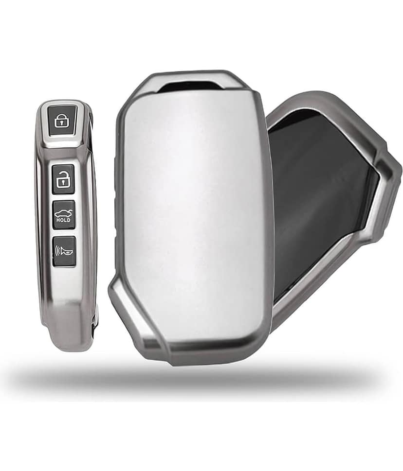SIAGO TPU Key Cover and Metal Keychain Compatible for Kia Seltos 2023 Facelift HTX | Carens X Line 4 Button Smart Key (Grey Pack of 1)