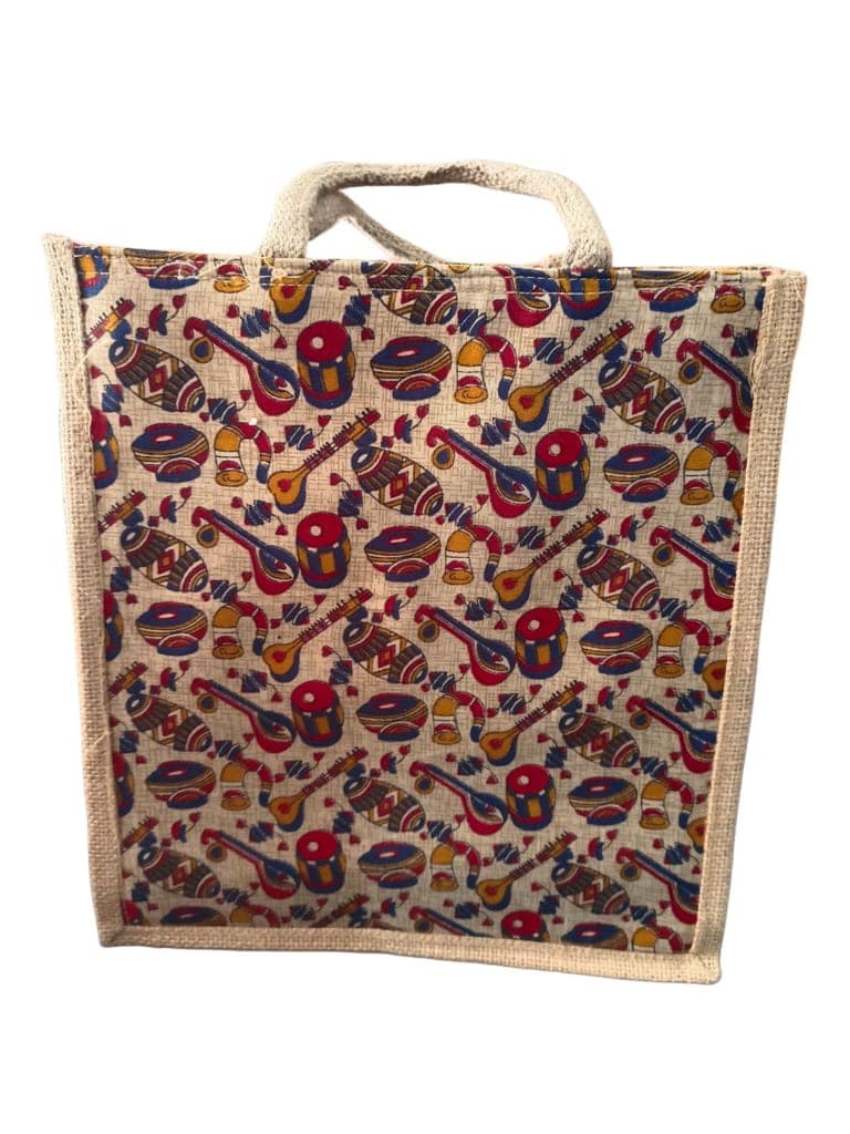 Eco-friendly and Reusable Jute Tote Bag with Colorful Indian Musical Instruments Design view 2