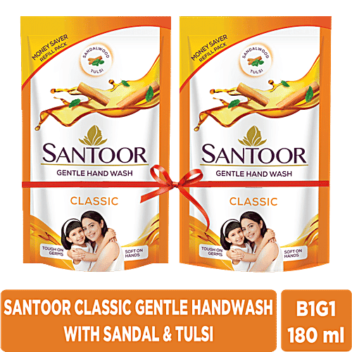 Santoor Gentle Handwash - Classic, Tough On Germs, 180 ml (Buy 1 Get 1 Free)
