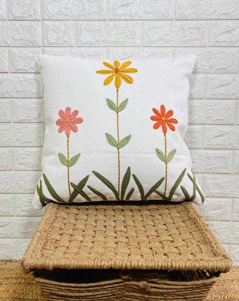 Indihomecraft Handicraft Cotton Cushion Cover - Hand Stitched Embroidery Decorative Art Boho Pillow Flower Printed Pillow Cover | Square Shape 18X18 Inches Cushion Cover, Set of 1 view 2
