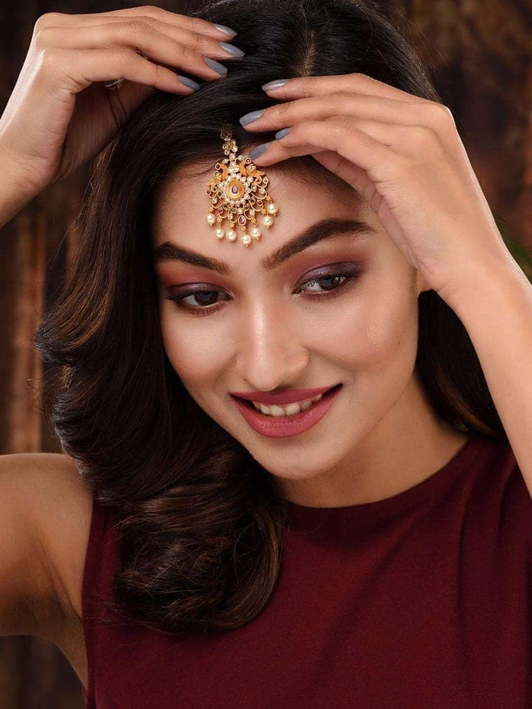 Gold Plated Multi AD Studded Maang Tikka view 6