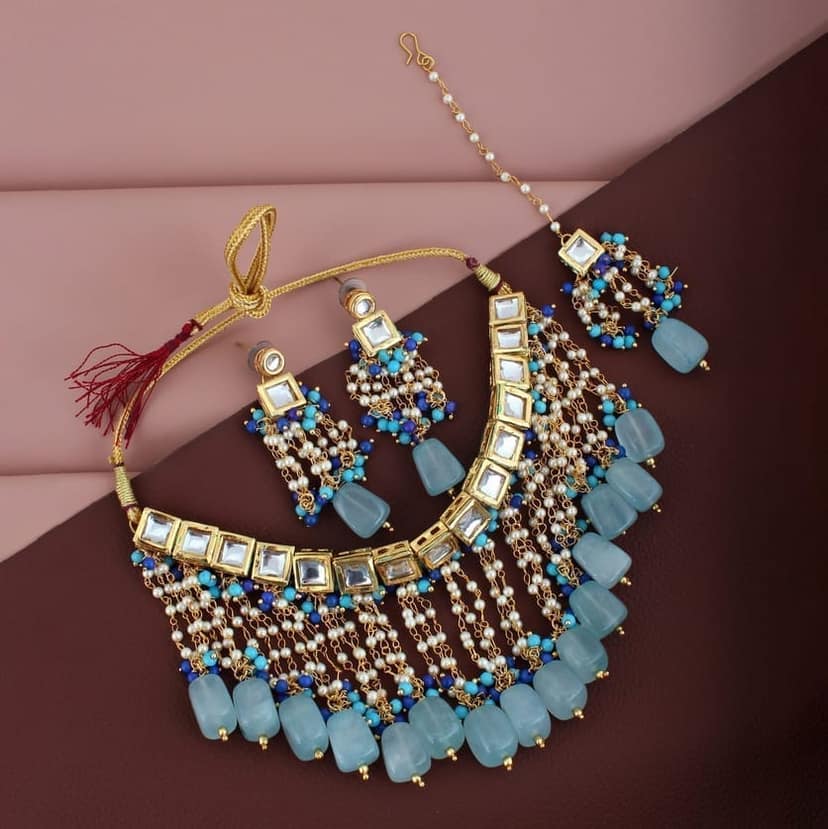 LUCKY JEWELLERY Back Meenakari 18k Gold Plated White Color Tika Earring Combo Uncut Big Faux Kundan Choker Necklace set