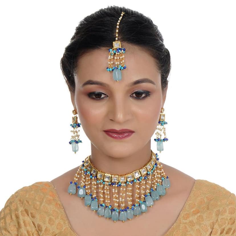 LUCKY JEWELLERY Back Meenakari 18k Gold Plated White Color Tika Earring Combo Uncut Big Faux Kundan Choker Necklace set view 2