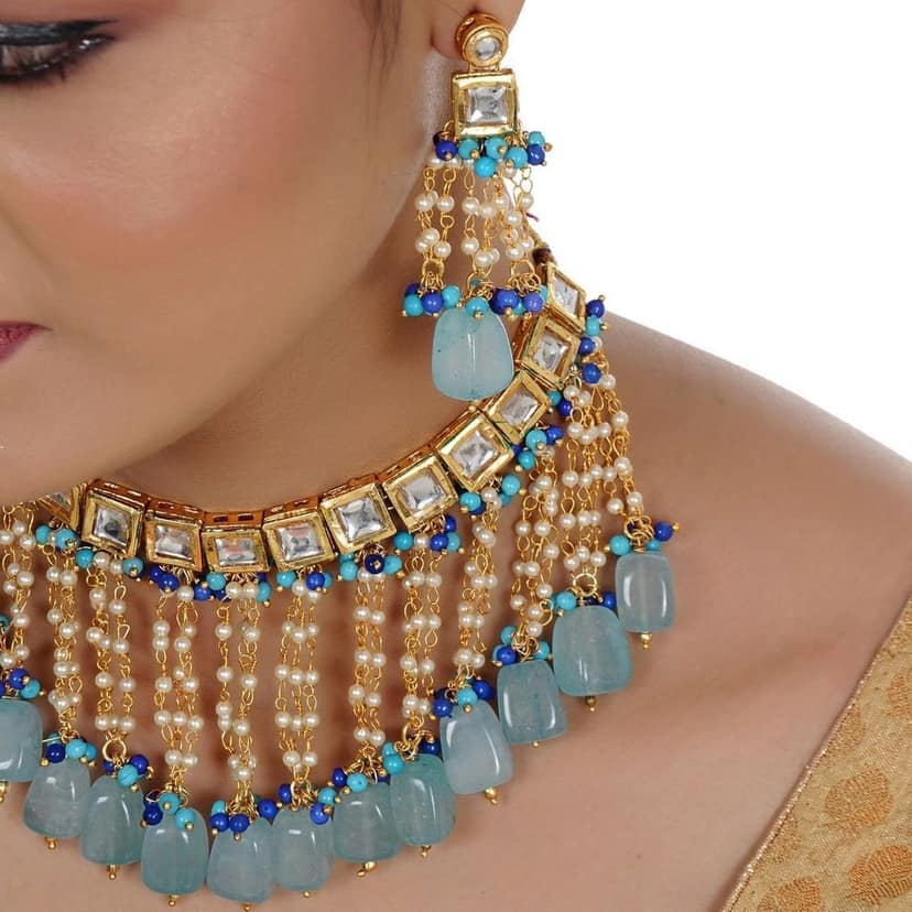 LUCKY JEWELLERY Back Meenakari 18k Gold Plated White Color Tika Earring Combo Uncut Big Faux Kundan Choker Necklace set view 3