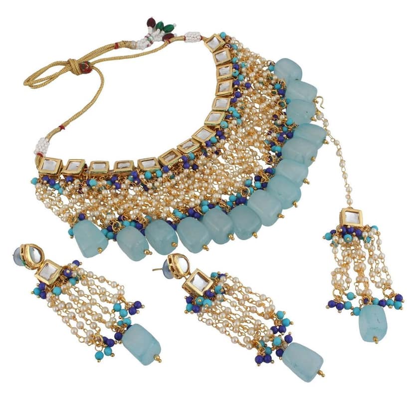 LUCKY JEWELLERY Back Meenakari 18k Gold Plated White Color Tika Earring Combo Uncut Big Faux Kundan Choker Necklace set view 4