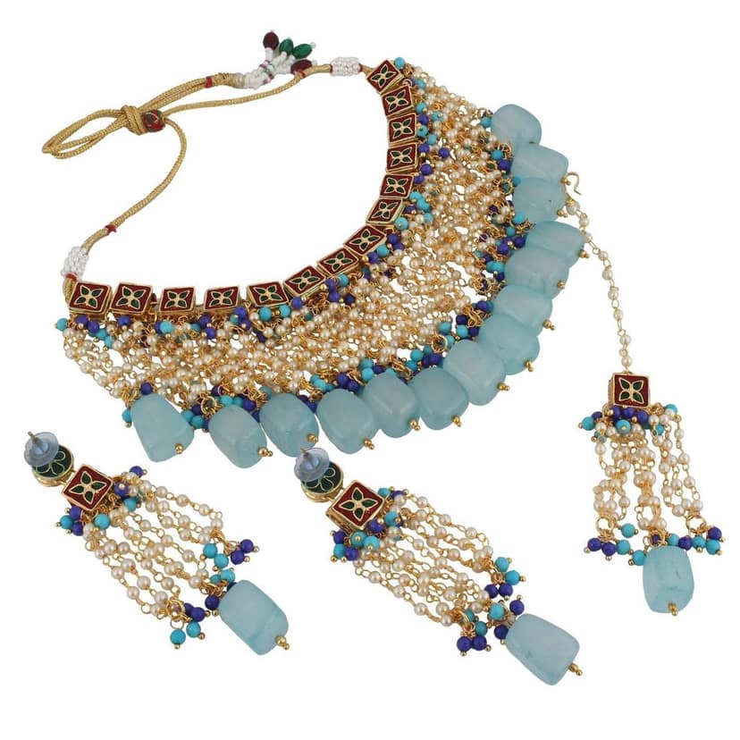 LUCKY JEWELLERY Back Meenakari 18k Gold Plated White Color Tika Earring Combo Uncut Big Faux Kundan Choker Necklace set view 5