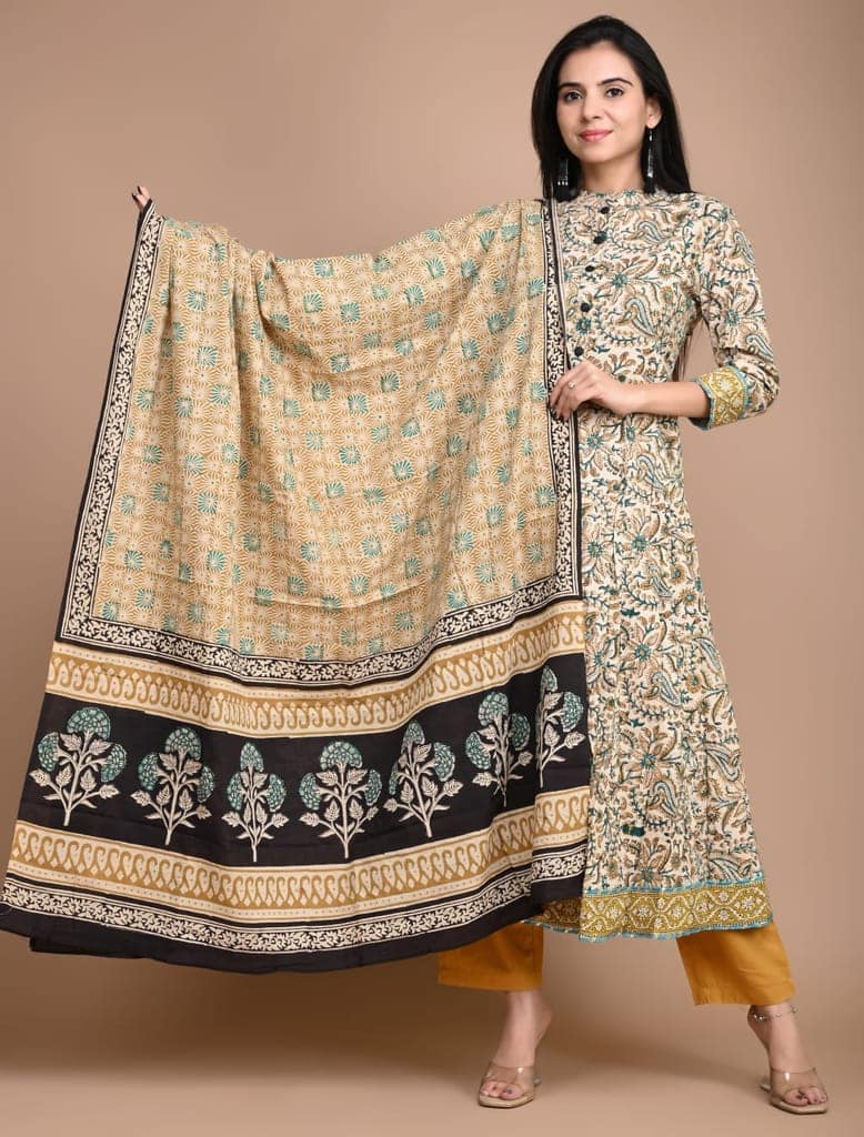 Anarkali Kurti Set Bagru Dabu HandBlock Print Champagne Orange Color with natural dye and Mulmul Dupatta(Size: 34-48)-1687 view 2