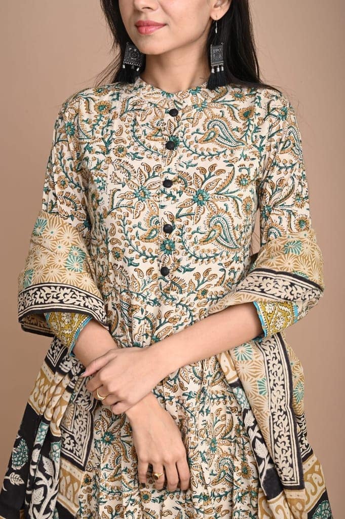 Anarkali Kurti Set Bagru Dabu HandBlock Print Champagne Orange Color with natural dye and Mulmul Dupatta(Size: 34-48)-1687 view 4