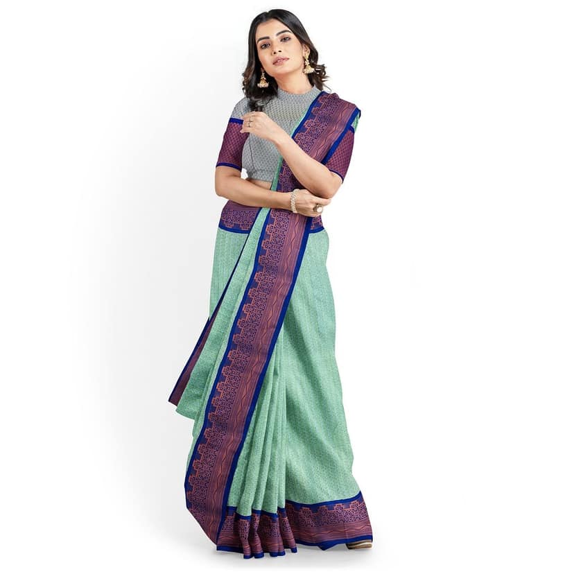 Seafoam Green Color Soft Kora Muslin Saree with Unstitched Blouse view 2