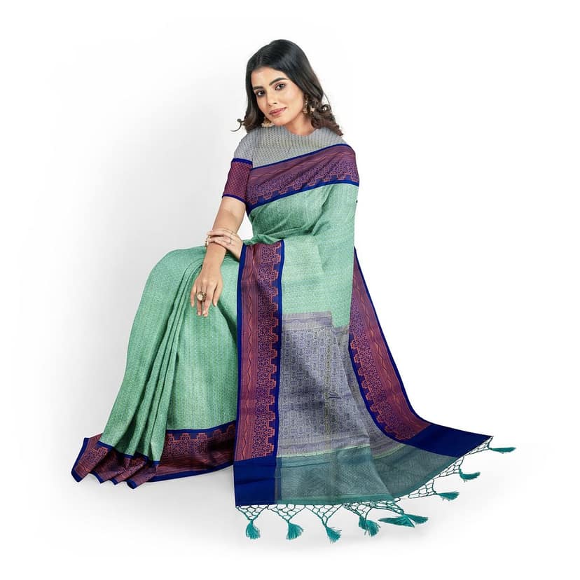 Seafoam Green Color Soft Kora Muslin Saree with Unstitched Blouse view 3