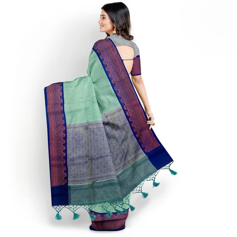 Seafoam Green Color Soft Kora Muslin Saree with Unstitched Blouse view 4