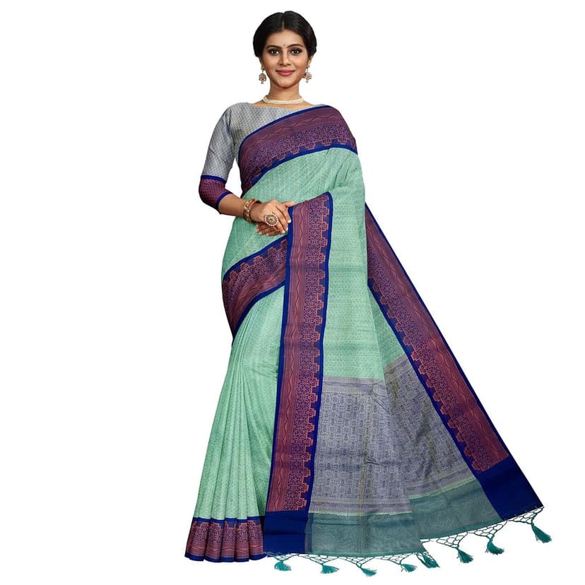 Seafoam Green Color Soft Kora Muslin Saree with Unstitched Blouse view 5