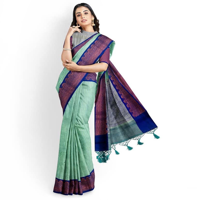 Seafoam Green Color Soft Kora Muslin Saree with Unstitched Blouse view 6