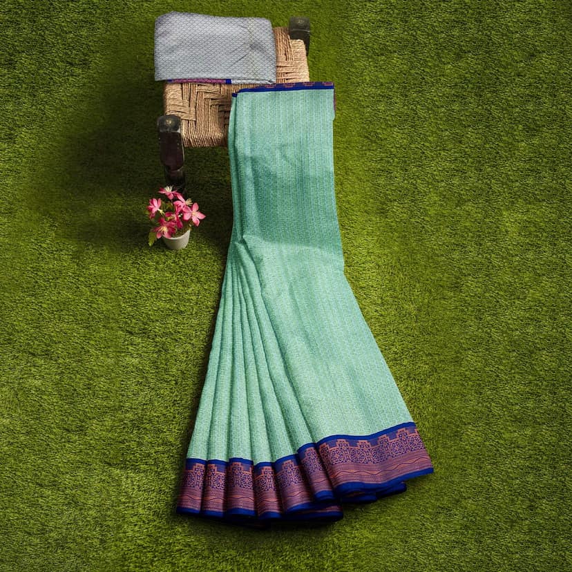 Seafoam Green Color Soft Kora Muslin Saree with Unstitched Blouse view 7