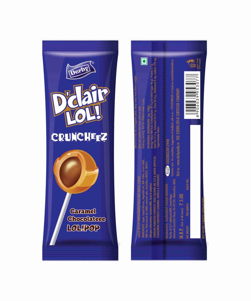 Derby Dclair Lollipo Chocolaty Center Filled Standy Pouch 10PCs - Pack Of 85