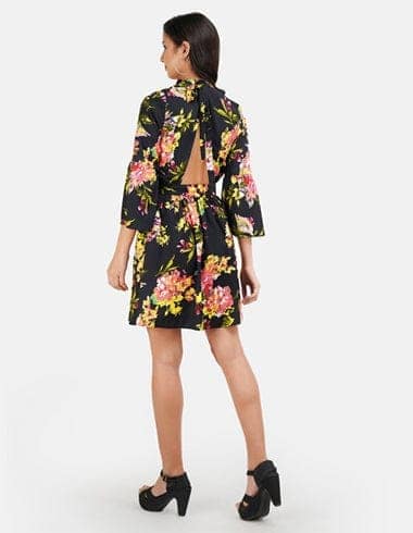 Black Floral Halter Neck Fit & Flare Dress view 2