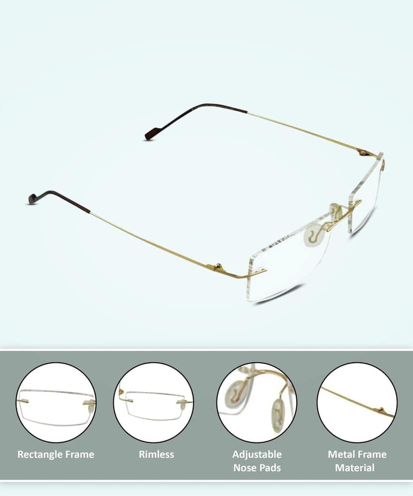 Jodykoes Premium Rimless Anti Glare Rectangle Frame Spectacle Eyeglasses Eyewear (Gold) view 2