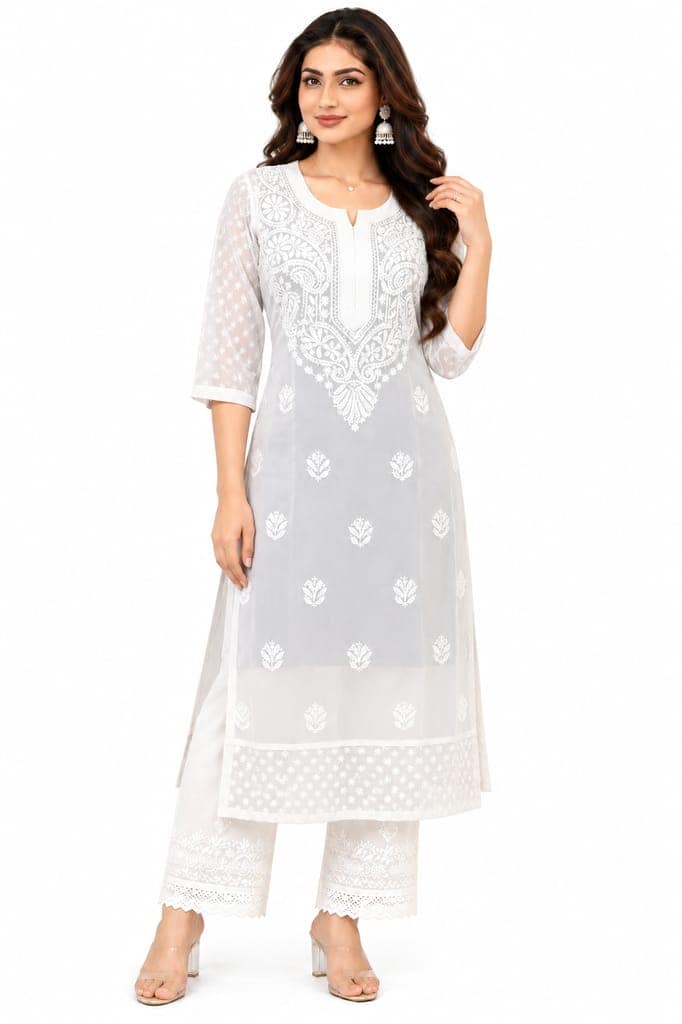 Handcrafted Lucknowi Chikankari Embroidered Fox Georgette Long Kurta with Sheer Floral Sleeves, Back Embroidery & Decorative Lace Border, 46 Inch Length