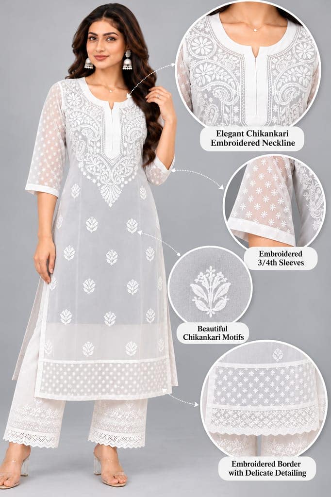 Handcrafted Lucknowi Chikankari Embroidered Fox Georgette Long Kurta with Sheer Floral Sleeves, Back Embroidery & Decorative Lace Border, 46 Inch Length view 2