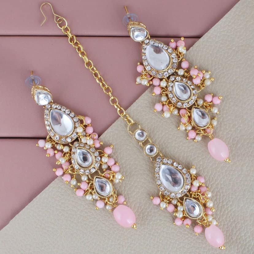 Lucky Jewellery Gold Plated White Pink Color Tika Earring Necklace Combo Kundan Jewellery Set (726-MSK-3-LINE-PK) view 2