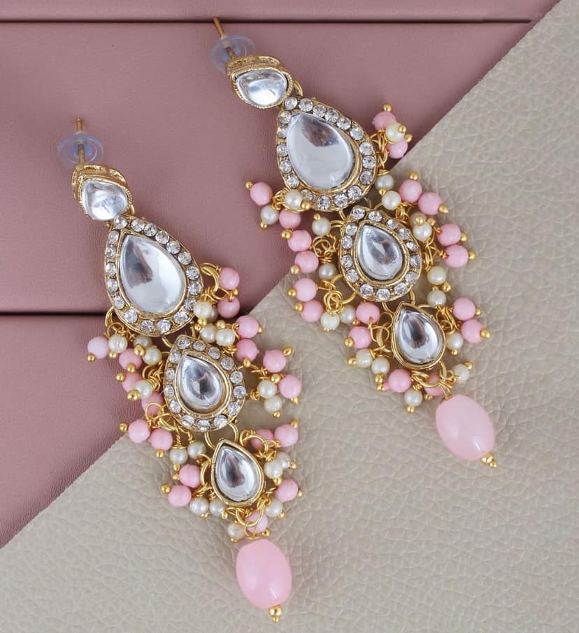 Lucky Jewellery Gold Plated White Pink Color Tika Earring Necklace Combo Kundan Jewellery Set (726-MSK-3-LINE-PK) view 3