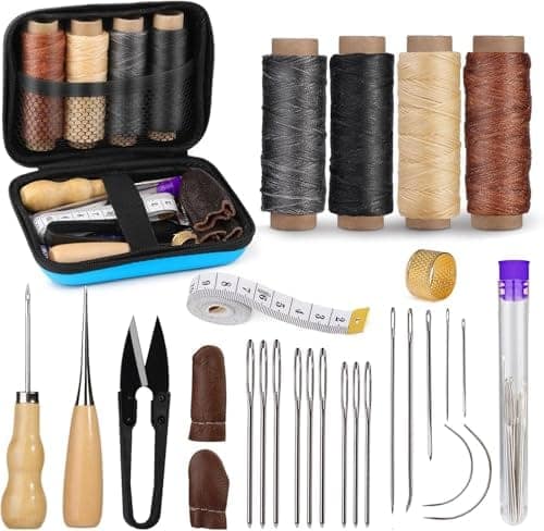 Leather Sewing Kit, Leather Stitching Kit with Sewing Awl, Needles, Waxed Thread, Upholstery Repair Kit, Heavy Duty Sewing Tools for Hand Stitching Car Seats, Sofa, Carpets, Shoes, DIY Craft view 2