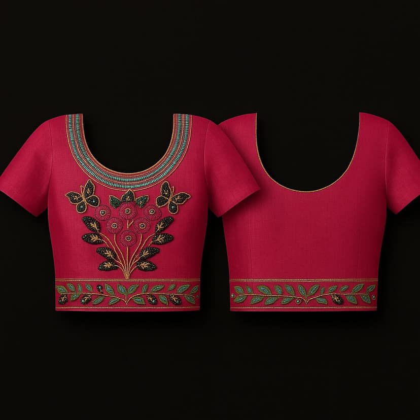 Women's Fuchsia Embroidered Poly Silk Blouse with Butterfly Motif view 3