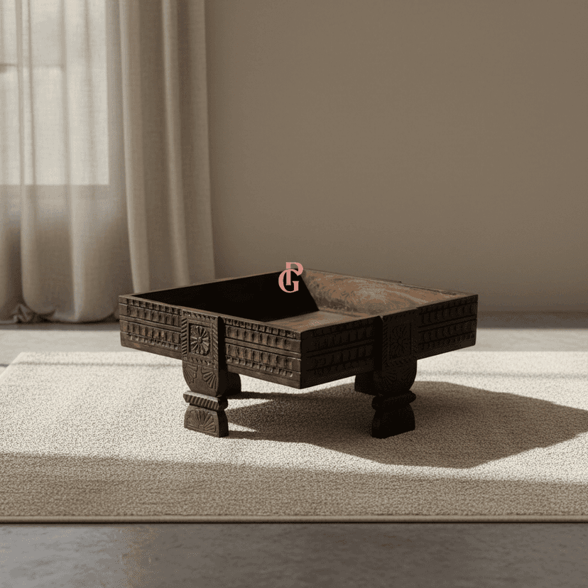 Antique Wooden Square Coffee Table | Wooden Chakki Table Rustic Grinder Table