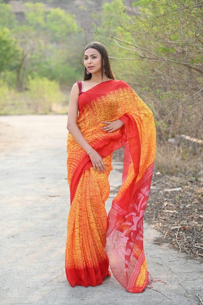 Pure Matka Silk Handloom Jamdhani with Shibori Tie & Dye (with Silk Mark) ~ yellow view 2