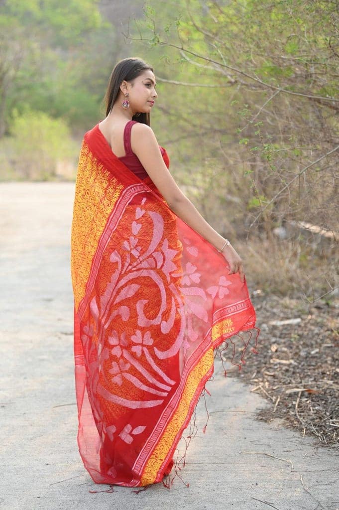 Pure Matka Silk Handloom Jamdhani with Shibori Tie & Dye (with Silk Mark) ~ yellow view 3